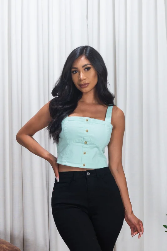 Chambray Denim Adjustable Strap Crop Top with Faux Button Down Decor in Aqua (185649) Elegant Women's Chambray Denim Adjustable Strap Crop Top with Faux Button Down Decor in Aqua (185649) Elegant Women's