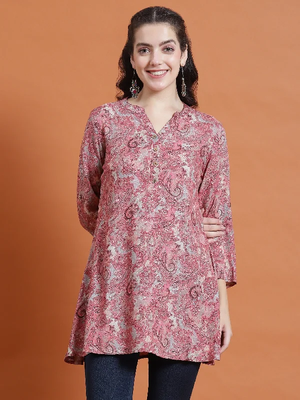 Women Pink Paisley Print Tunic Cozy Women's Sherpa - lined