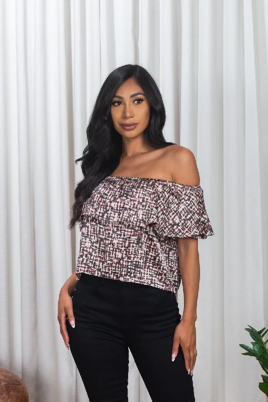 'Art Nouveau' Multi Color Satin Off Shoulder Crop Top with Ruffle Overlay* (161417) Sustainable Organic 'Art Nouveau' Multi Color Satin Off Shoulder Crop Top with Ruffle Overlay* (161417) Sustainable Organic