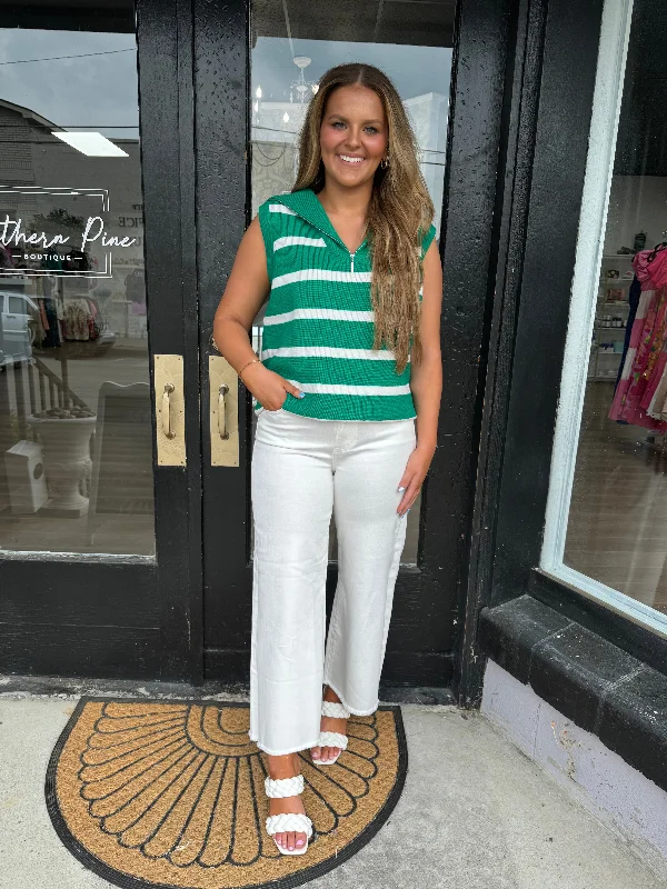 Green striped collared sleeveless top Sporty Women's Athleisure 