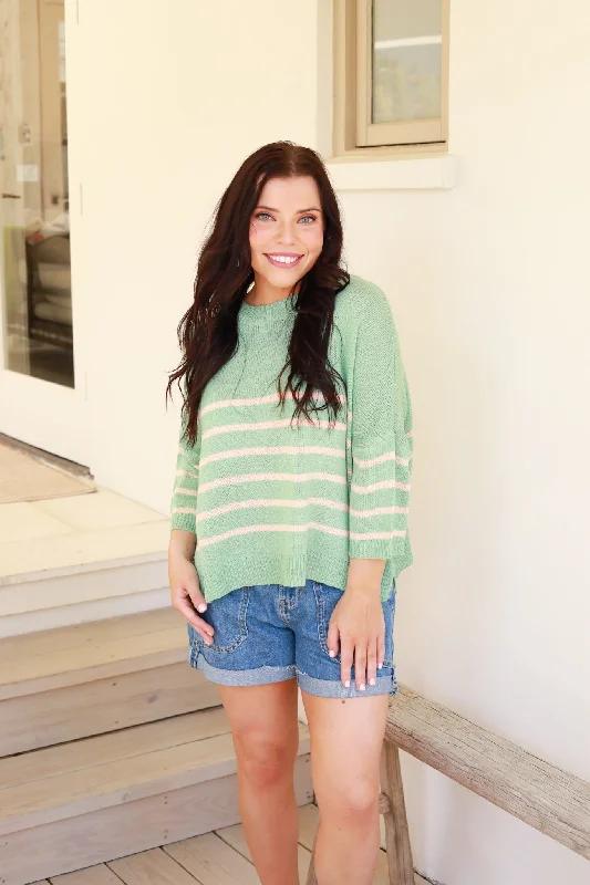 Crew Neck Stripe Sweater Top Elegant Women's 