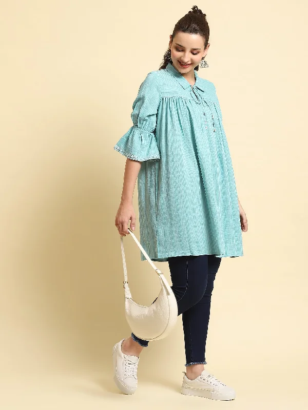 Women Turquoise Blue Stripe Printed Tunic Sleek Women's Metallic