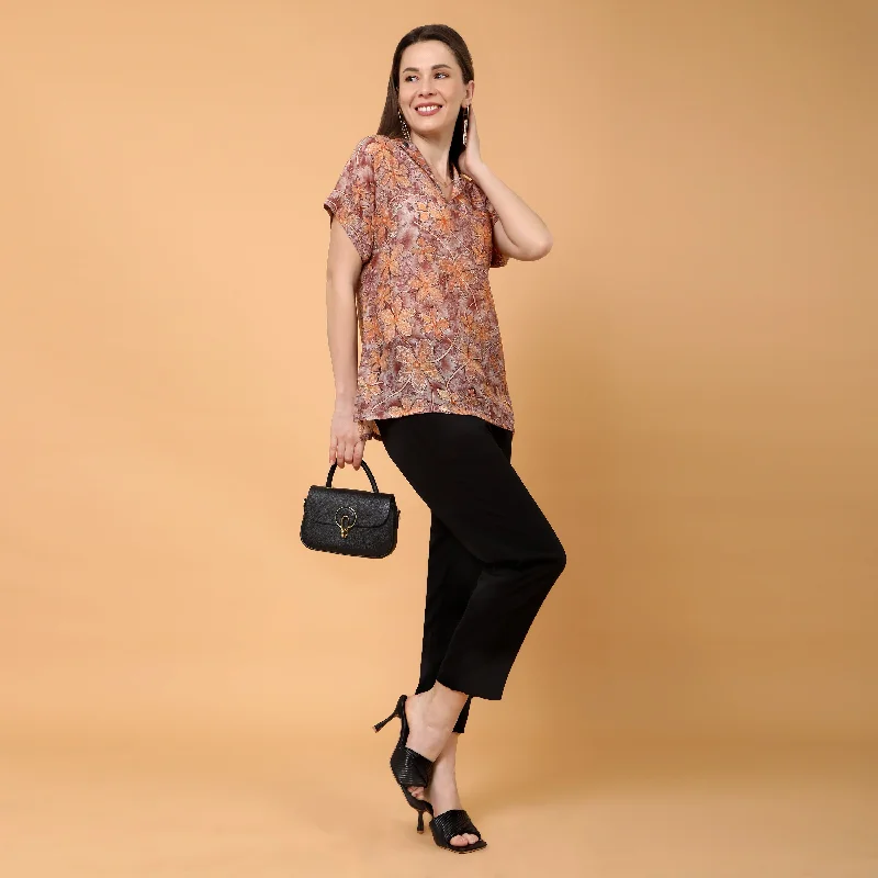 Camellia floral printed top Monochromatic Office Style