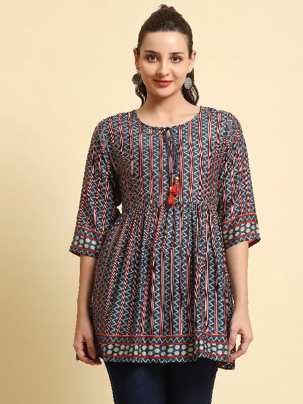Women Navy Blue Stripe Printed Tunic Women