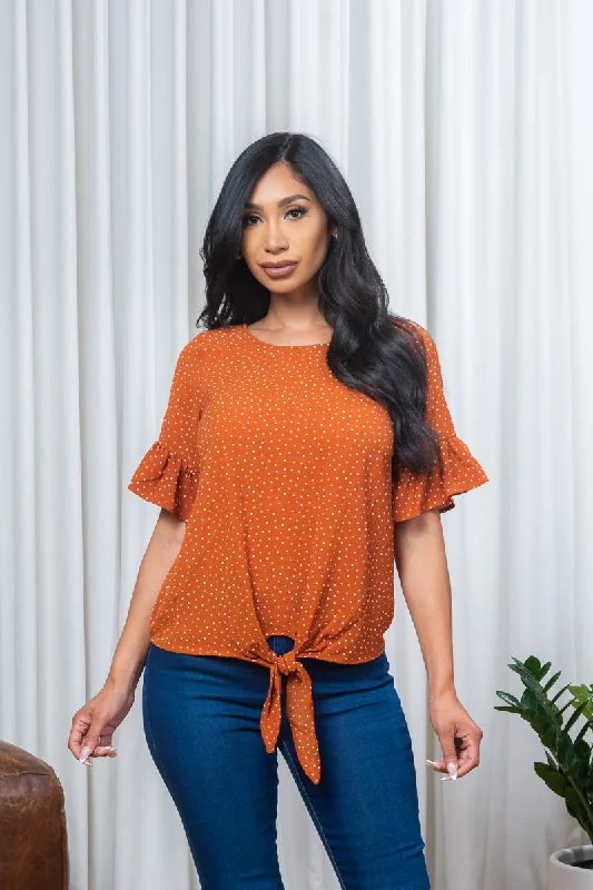 'Oh, Darling' Polka Dot 1/2 Sleeve Jewel Neck Top with Bell Cuff and Tie Waist in Brick (D24174SF) Adventure 'Oh, Darling' Polka Dot 1/2 Sleeve Jewel Neck Top with Bell Cuff and Tie Waist in Brick (D24174SF) Adventure