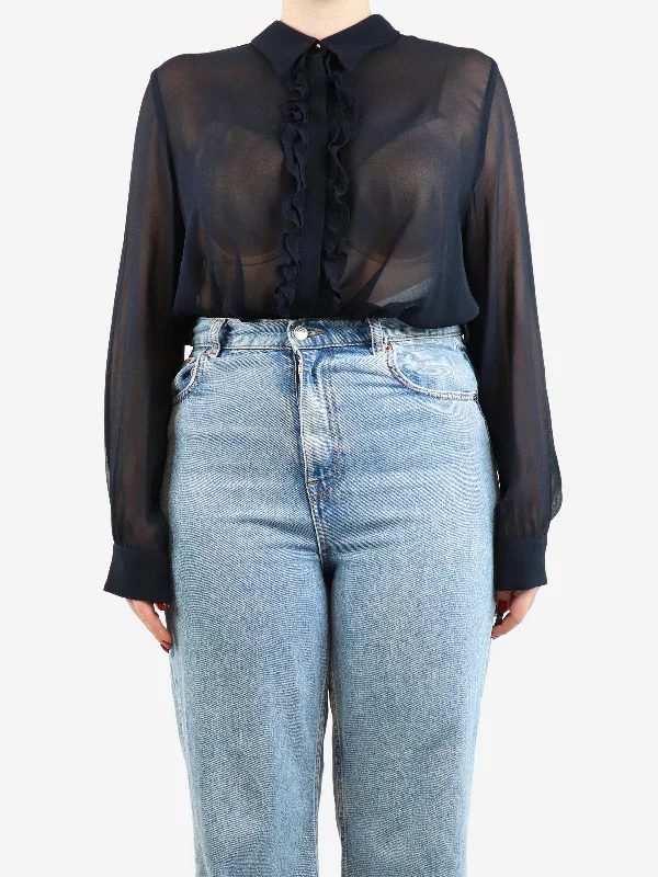 Navy blue sheer silk ruffled blouse - size UK 16 Minimalist Women's Casual