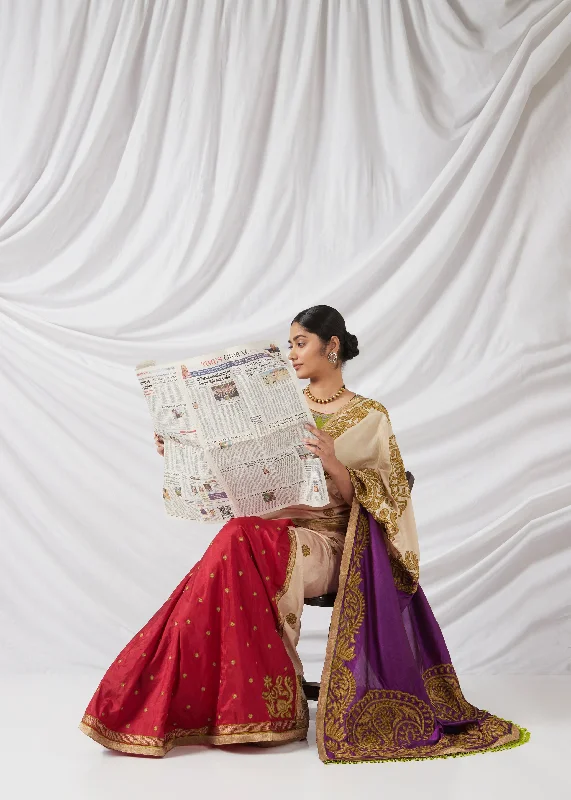 Deepavali Saree And Blouse Set In Pearle White, Apricot Orange, Crimson Red And Egglant Purple Monochromatic All - in - one