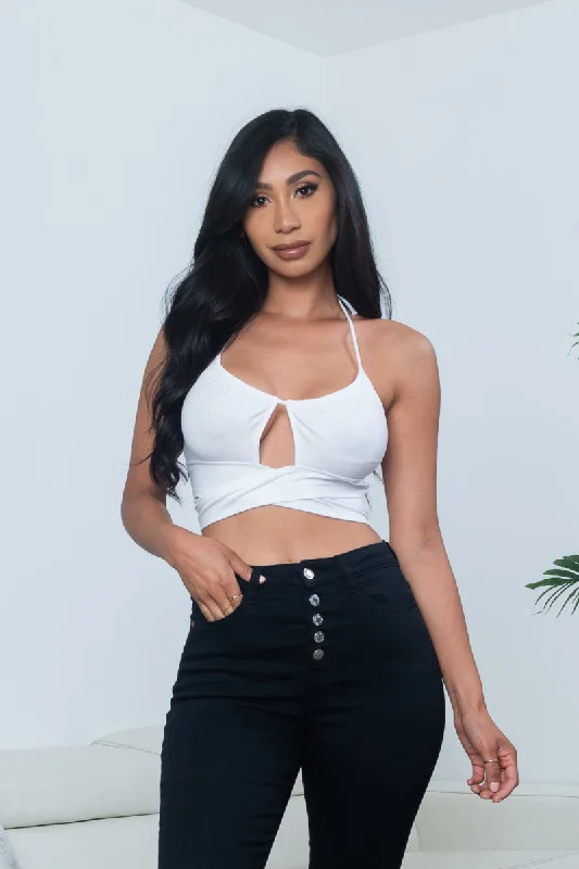 Rib Knit Halter Neck Keyhole Criss Cross Crop Top (10146TM) Polished Women's Silk