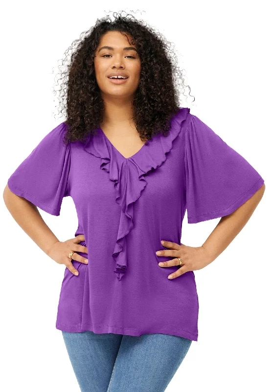 Ruffle Neckline Flutter Sleeve Tunic Stylish Women's Neon