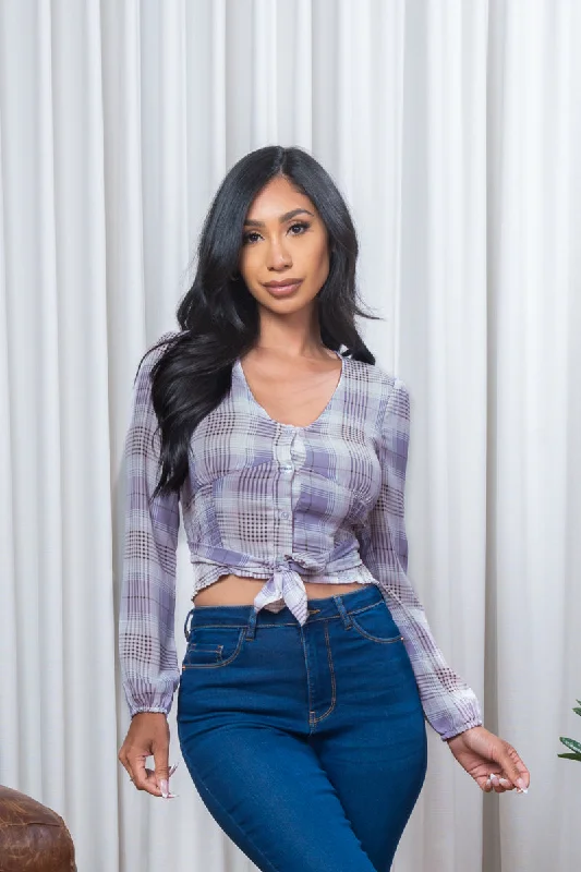 Long Sleeve V Neck Button Down Crop Top with Tied Waist in Lavender (K7853-0508) Refined Women's Classic Long Sleeve V Neck Button Down Crop Top with Tied Waist in Lavender (K7853-0508) Refined Women's Classic