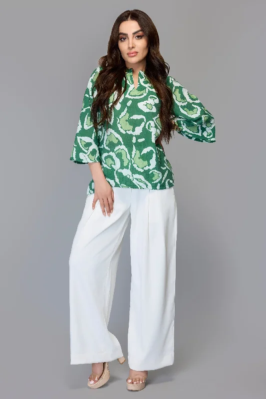 Green Abstract Bell Sleeve Top European