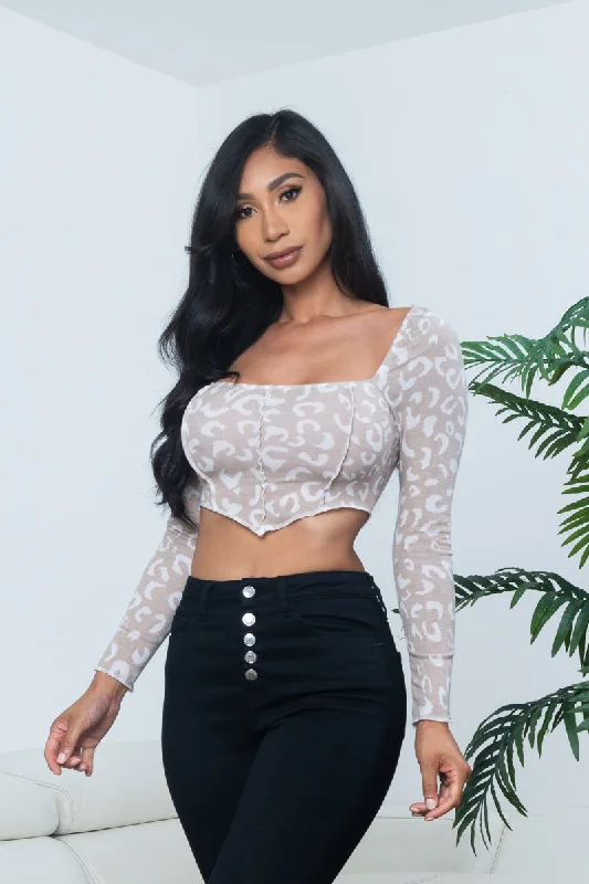 Leopard Print Long Sleeve Square Neck Asymmetrical Front Top (BT10097-1) Monochromatic All - in - one