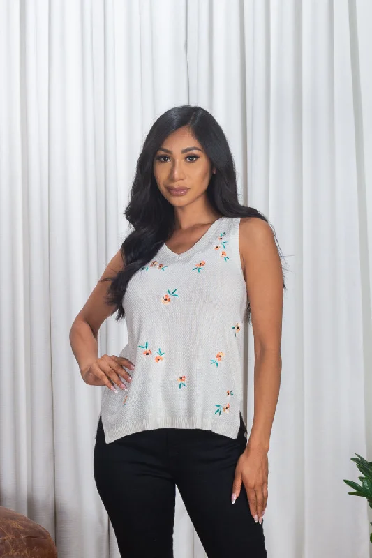 'Sweet Pastels' Floral Embroidered Sleeveless V Neck Vest Top with Side Vents in Ivory (WL02S000RP-9991WH) Luxurious Women's High - end 'Sweet Pastels' Floral Embroidered Sleeveless V Neck Vest Top with Side Vents in Ivory (WL02S000RP-9991WH) Luxurious Women's High - end