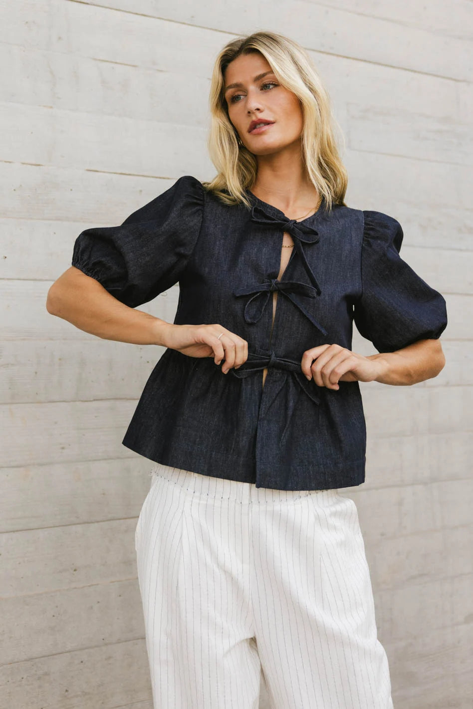 Natalia Peplum Tie Blouse in Dark Wash Rugged Women's Outdoor 