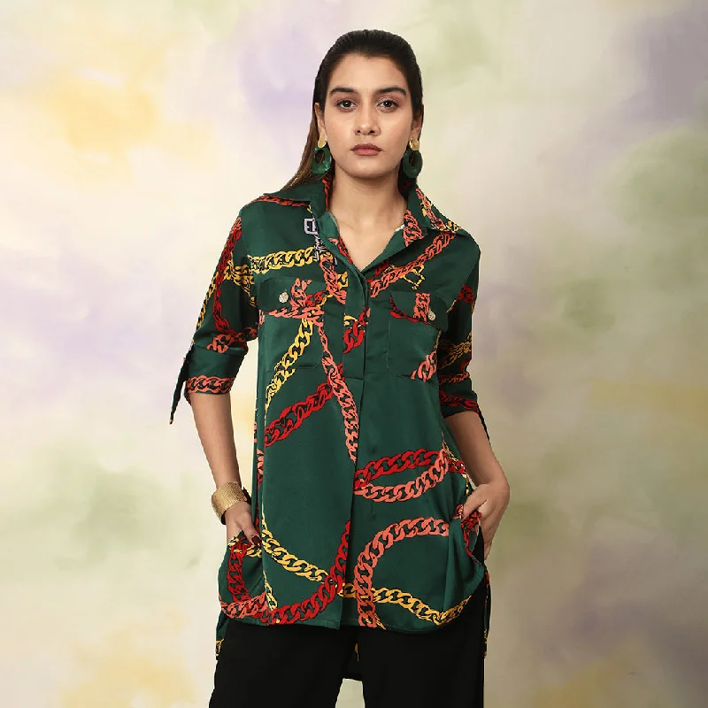 Chain Print Classic Collared Shirt Cool Women's Distressed
