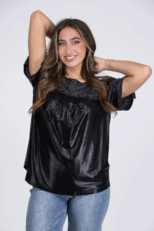 Find A New Path Women's Shimmer Embroidered Short Sleeve Top Refined Women's Classic 