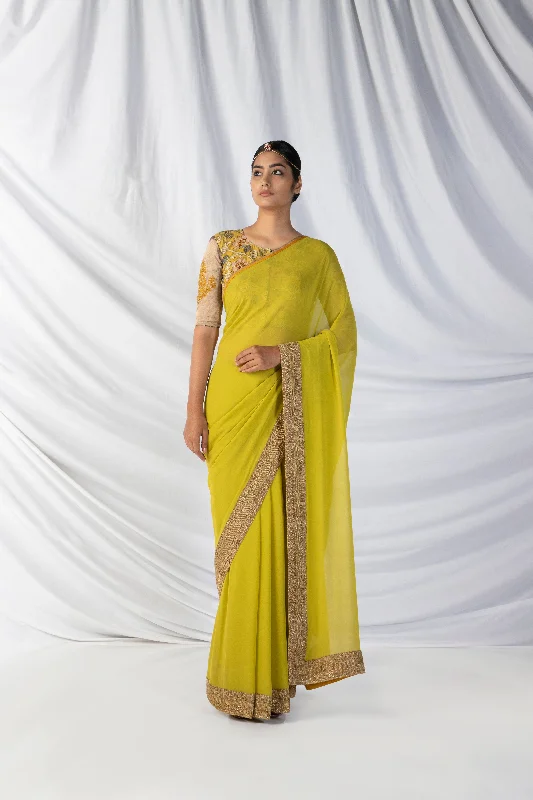 Niloufer Saree And Blouse Set In Chartreuse Green And Dull Gold Adventure
