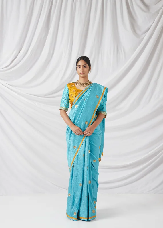 Chola  Saree And Blouse  Set In Turquoise Blue British Gentlewoman Style