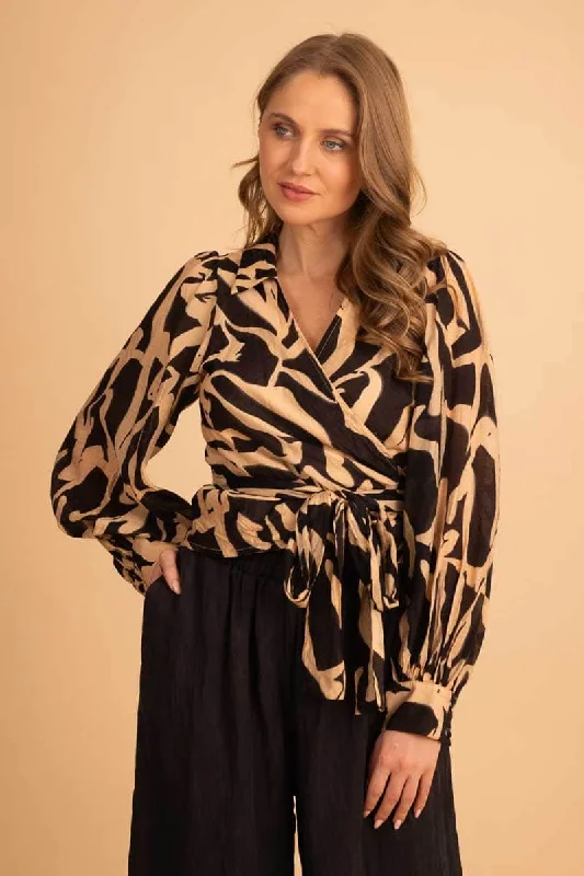 Loren Wrap Top Black Caramel Cozy Women's Winter