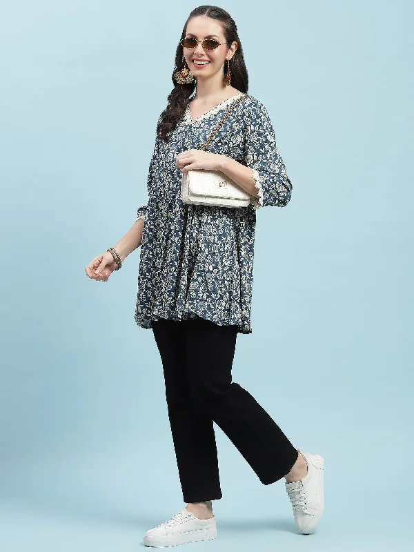 Women Blue V-Neck Printed Tunic Refined Women's Classic 