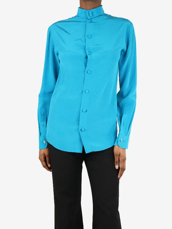 Blue long-sleeved silk blouse - size UK 4 Practical Women's Quick - dry