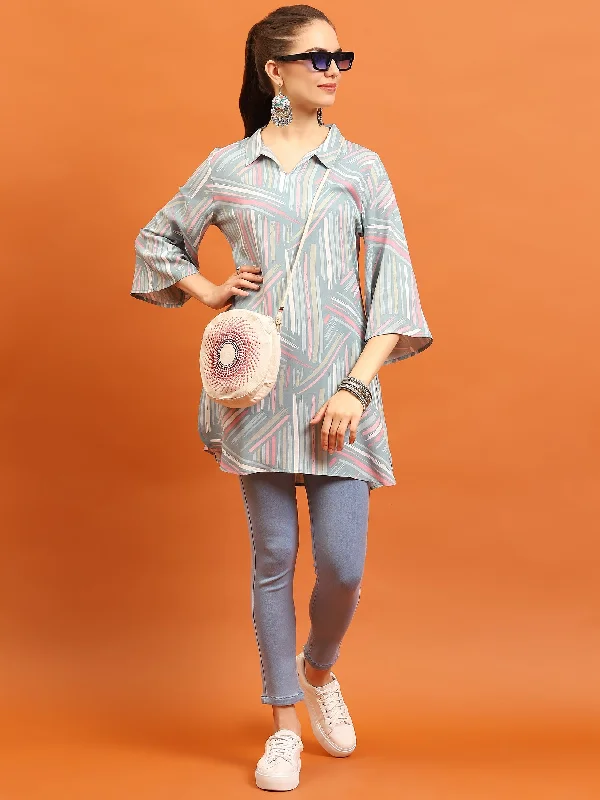 Women Grey Abstract Printed Tunic Artistic Women's Hand - painted