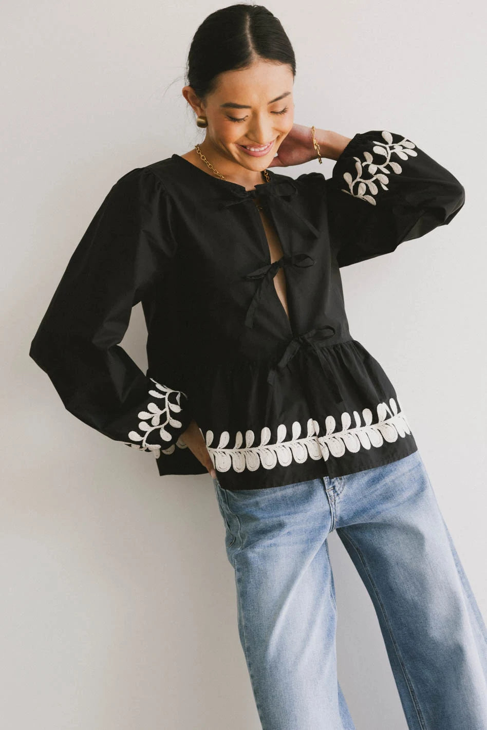 Stariana Embroidered Tie Blouse in Black Elegant Women's Formal 