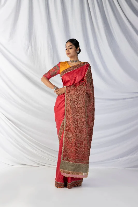 Gandberunda Saree And Blouse Set In Strawberry Pink And Ochre Orange Youthful Women's Pop