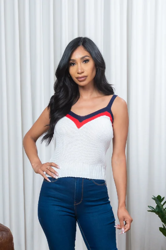 'Nautical Beauty' Color Block Trim V NeckKnit Tank Top in White, Navy & Red (182072) Refined Women's Classic 