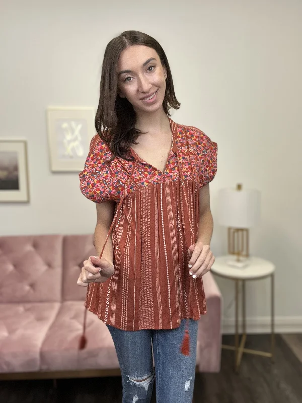 Final Show Women's Baby Doll Embroidered Short Sleeve Top Stylish Women's Tropical 