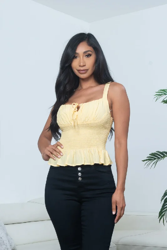 Empire Bust Adjustable Strap Smocked Waist Peplum Crop Top in Daisy Yellow (10131TY) Country