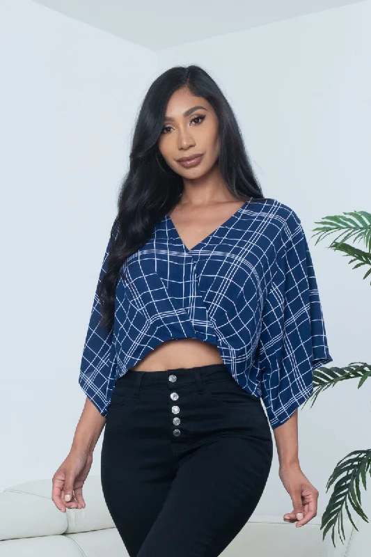 'A Star in Stripes' Window Pane Plaid Chiffon Surplice V Neck Dolman Sleeve Crop Top* (KT18127) Elegant Women's 