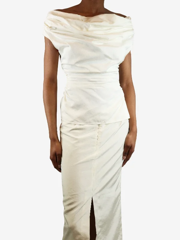 Cream silk off-shoulder ruched top - size UK 6 Casual Women's Loose - fitting
