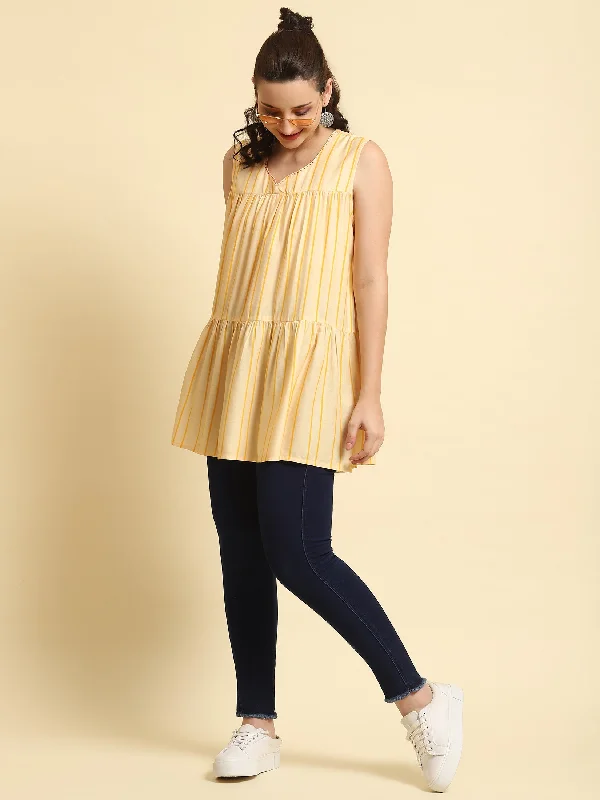 Women Yellow Stripe Printed Tunic Casual Women's Loose - fitting