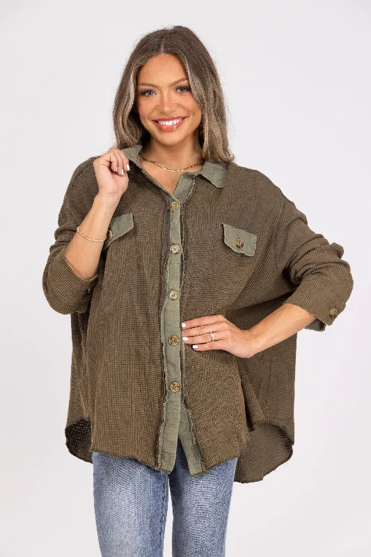 Falling Love Women's Oversized Waffle Knit Shacket Minimalist Women's Casual