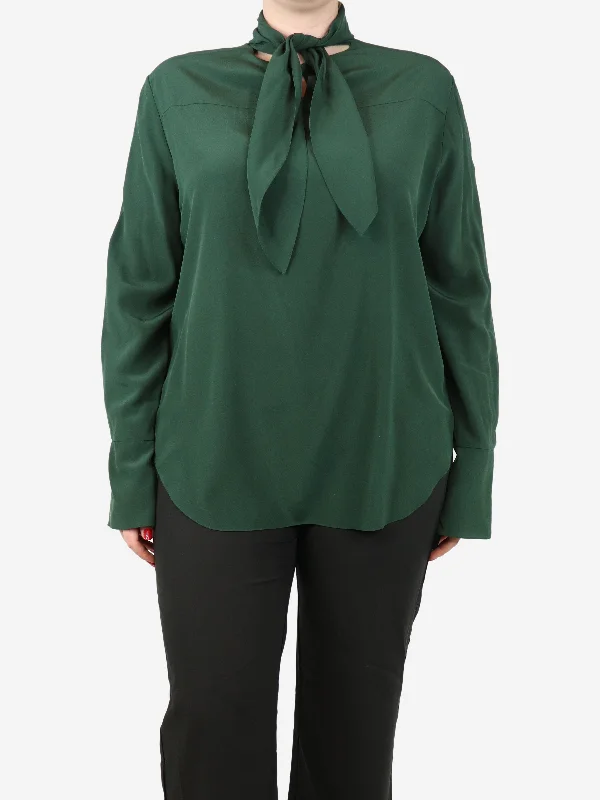 Forest green silk neck-tie blouse - size UK 16 Bold Women's Statement