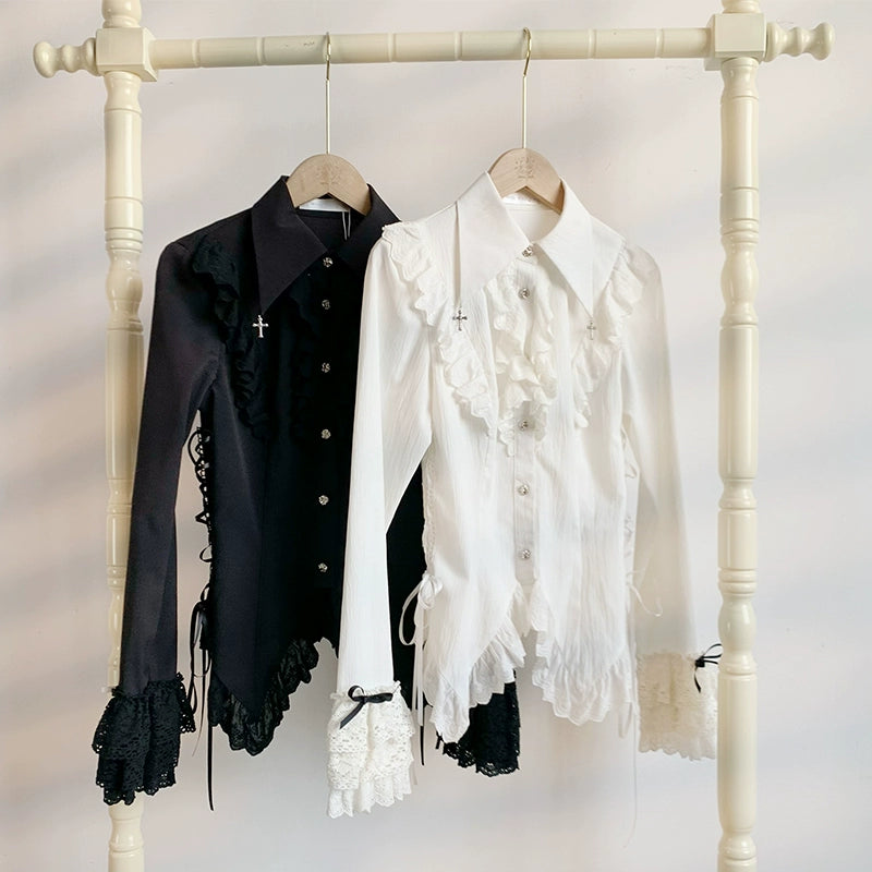 With PUJI~ Gothic Lolita Blouse Black White Waist-Tie Shirt Sharp Women's Italian